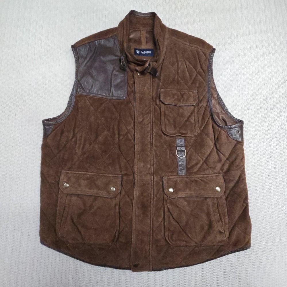 Cremieux Vest Mens XL Brown Quilted Genuine Leather Full Zip Outdoor Hunting